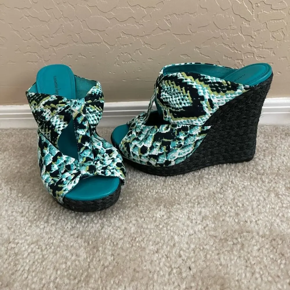 Nanette Lepore Teal Python Snake‎ Cut Out Woven Wedge Sandals 6